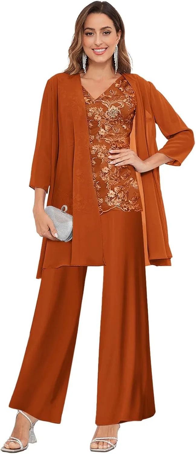 OFEECHUN 3 Pieces Mother of The Bride Pant Suits for Wedding 3/4 Sleeve Chiffon Lace Formal Pants Outfit with Jacket