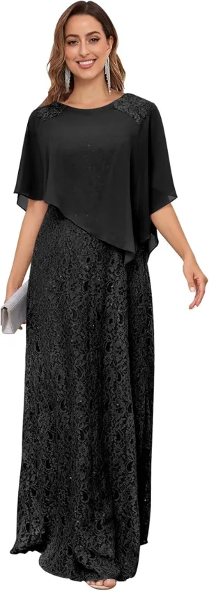 OFEECHUN Sequin Lace Mother of The Bride Dresses for Women Long Chiffon Cape Evening Formal Party Gown