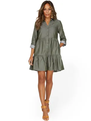 Olive Chambray Tiered Shirtdress