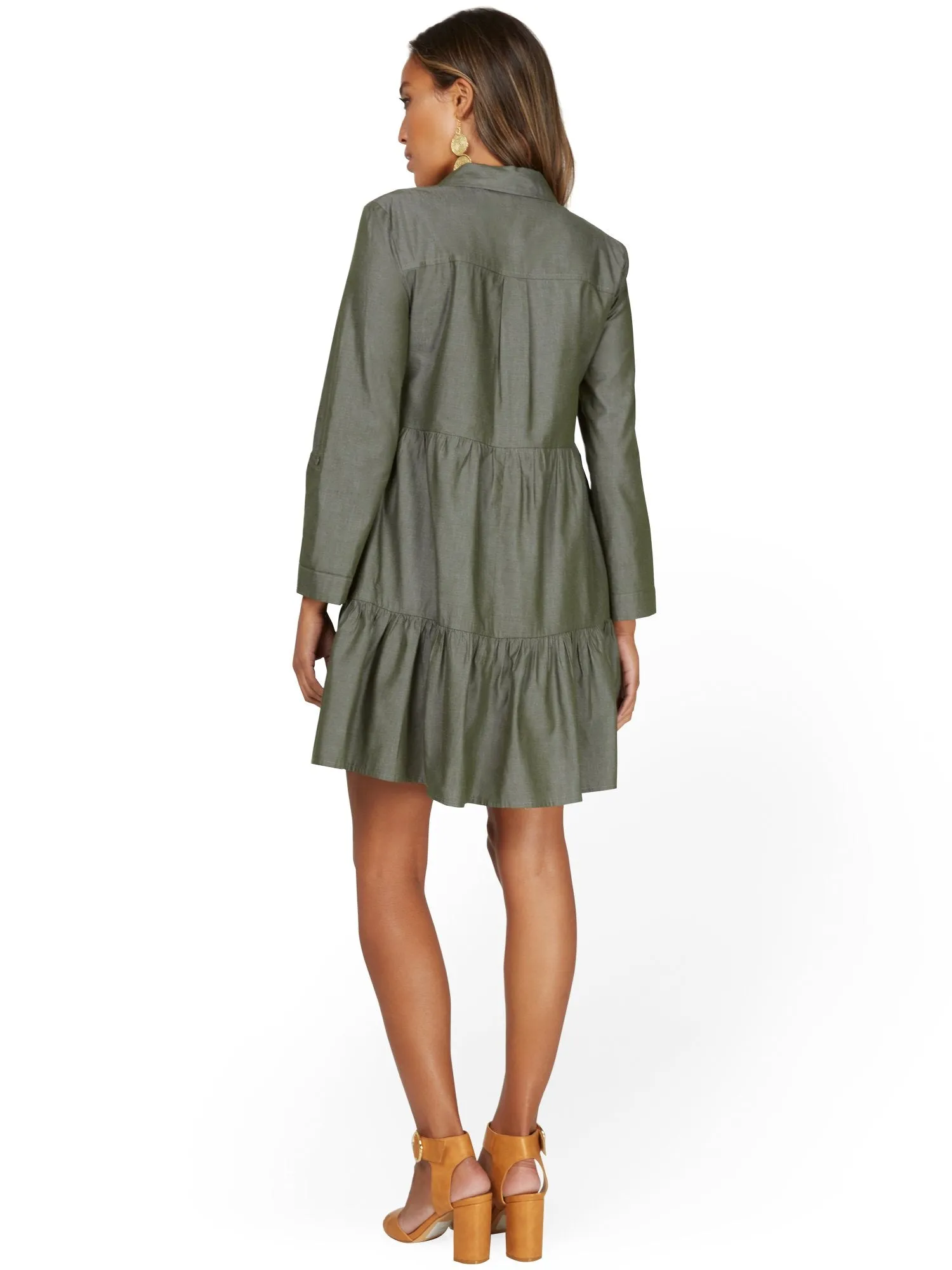 Olive Chambray Tiered Shirtdress
