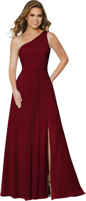 One Shoulder Bridesmaid Dresses Long Chiffon Ruched Slit Formal Dress with Pockets