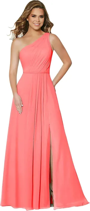 One Shoulder Bridesmaid Dresses Long Chiffon Ruched Slit Formal Dress with Pockets