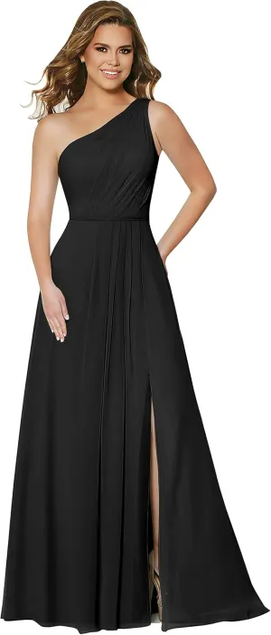 One Shoulder Bridesmaid Dresses Long Chiffon Ruched Slit Formal Dress with Pockets