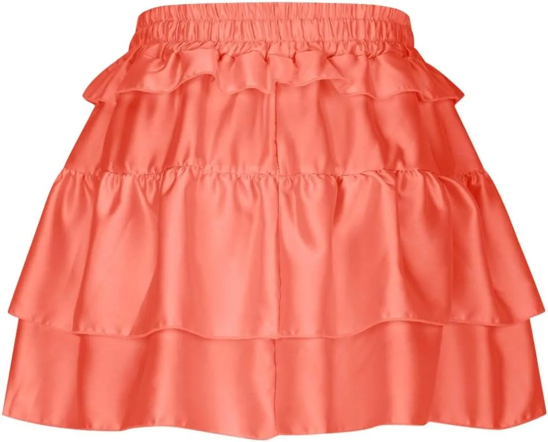 Oplxuo Y2K Mini Skirt for Women Sexy Pleated Layered Ruffle Hem Flowy Skirt Elastic High Waisted Short Skirts