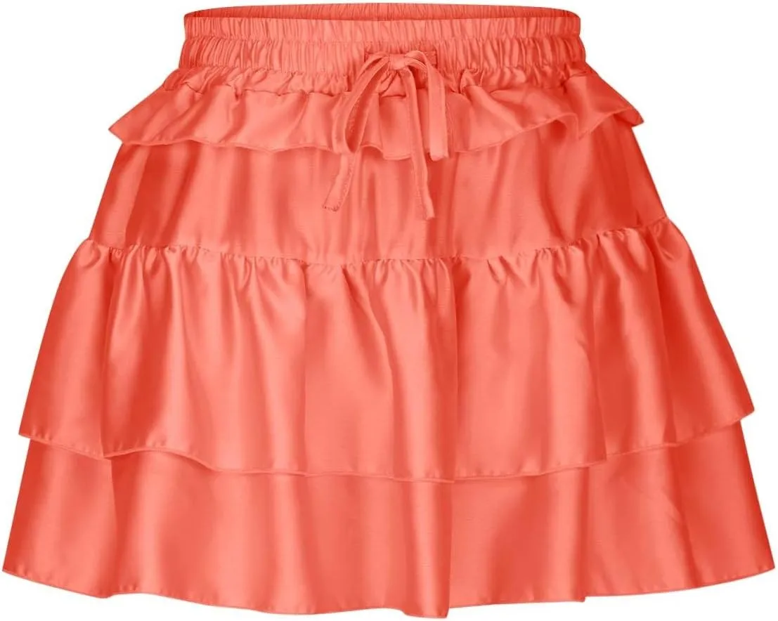 Oplxuo Y2K Mini Skirt for Women Sexy Pleated Layered Ruffle Hem Flowy Skirt Elastic High Waisted Short Skirts