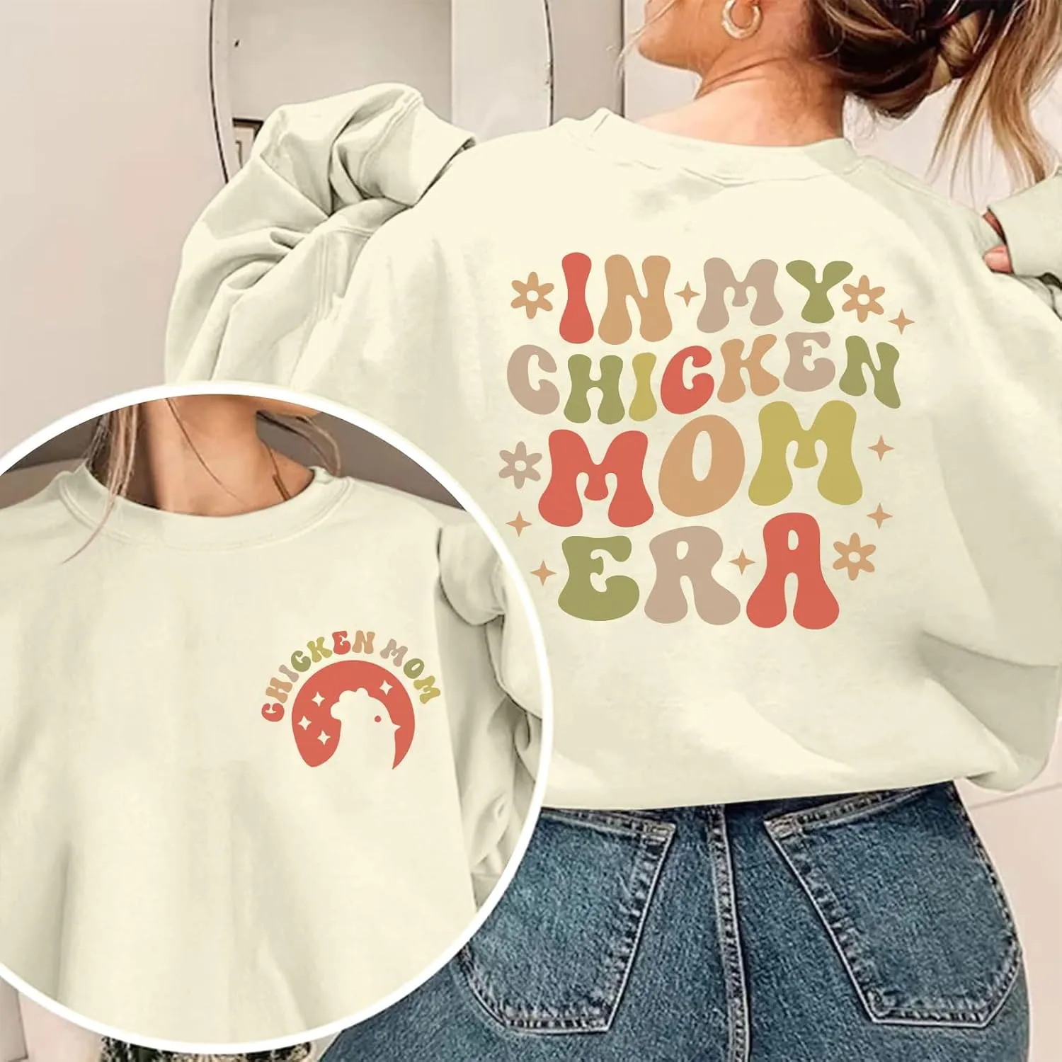 Oversized Chicken Sweatshirts for Women In My Chicken Mom Era Sweatshirt Cute Animal Graphic Mama Farm Country Hoodies