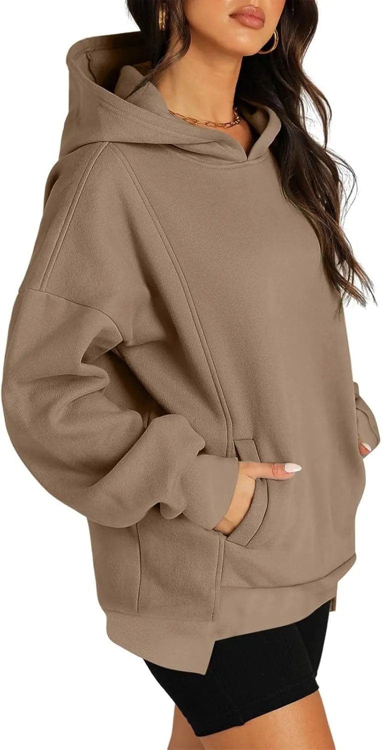 Oversized Hoodies for Women 2024 Classic Solid Loose Fit Tops Crewneck Slit Hem Pullover Fall Outfits with Pocket