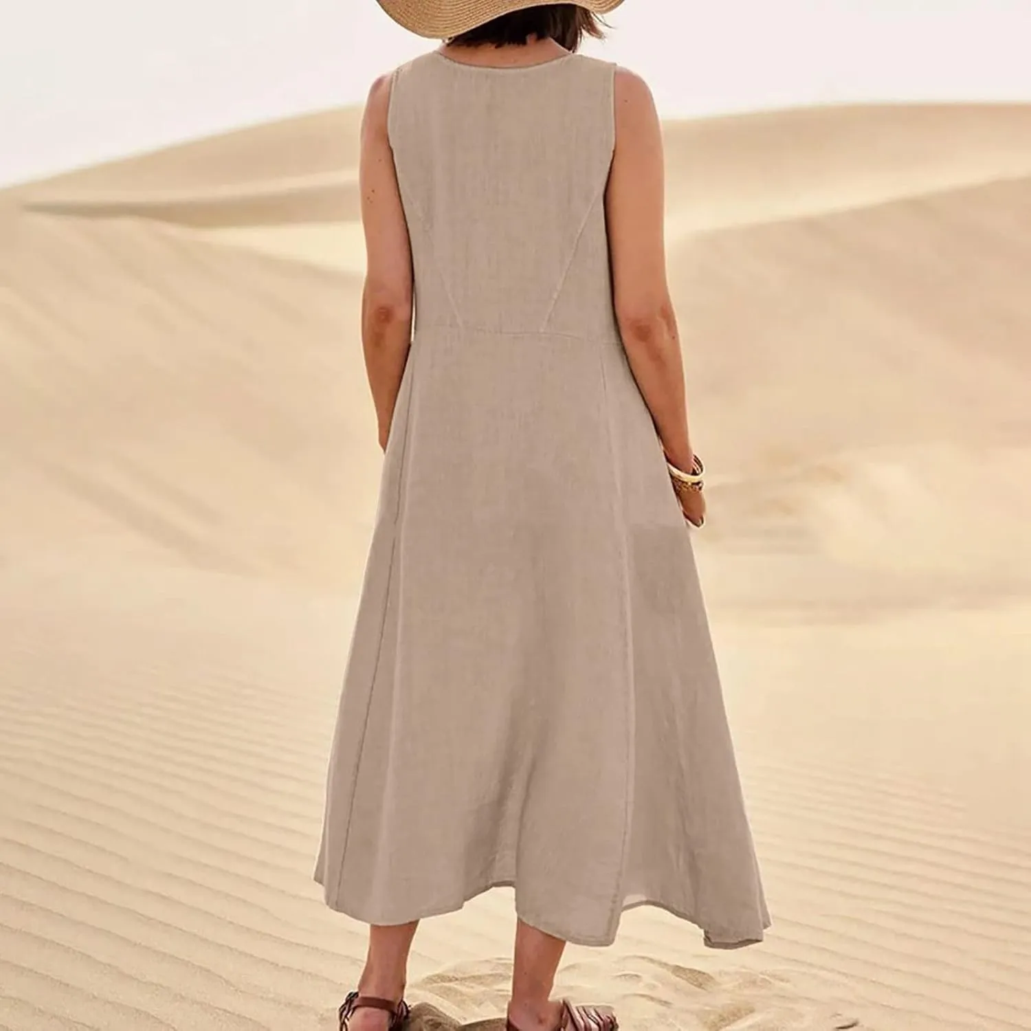 Plus Size Cotton Linen Maxi Summer Dresses for Curvy Women 2025 Sleeveless Vacation Beach Sundresses with Pockets