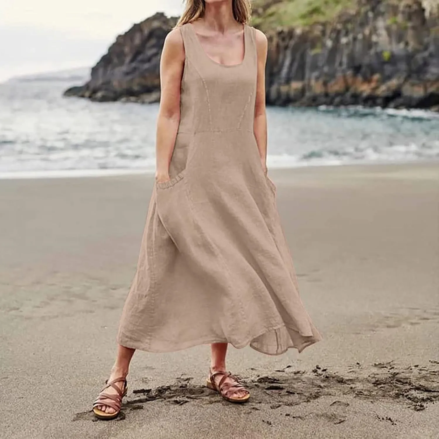 Plus Size Cotton Linen Maxi Summer Dresses for Curvy Women 2025 Sleeveless Vacation Beach Sundresses with Pockets