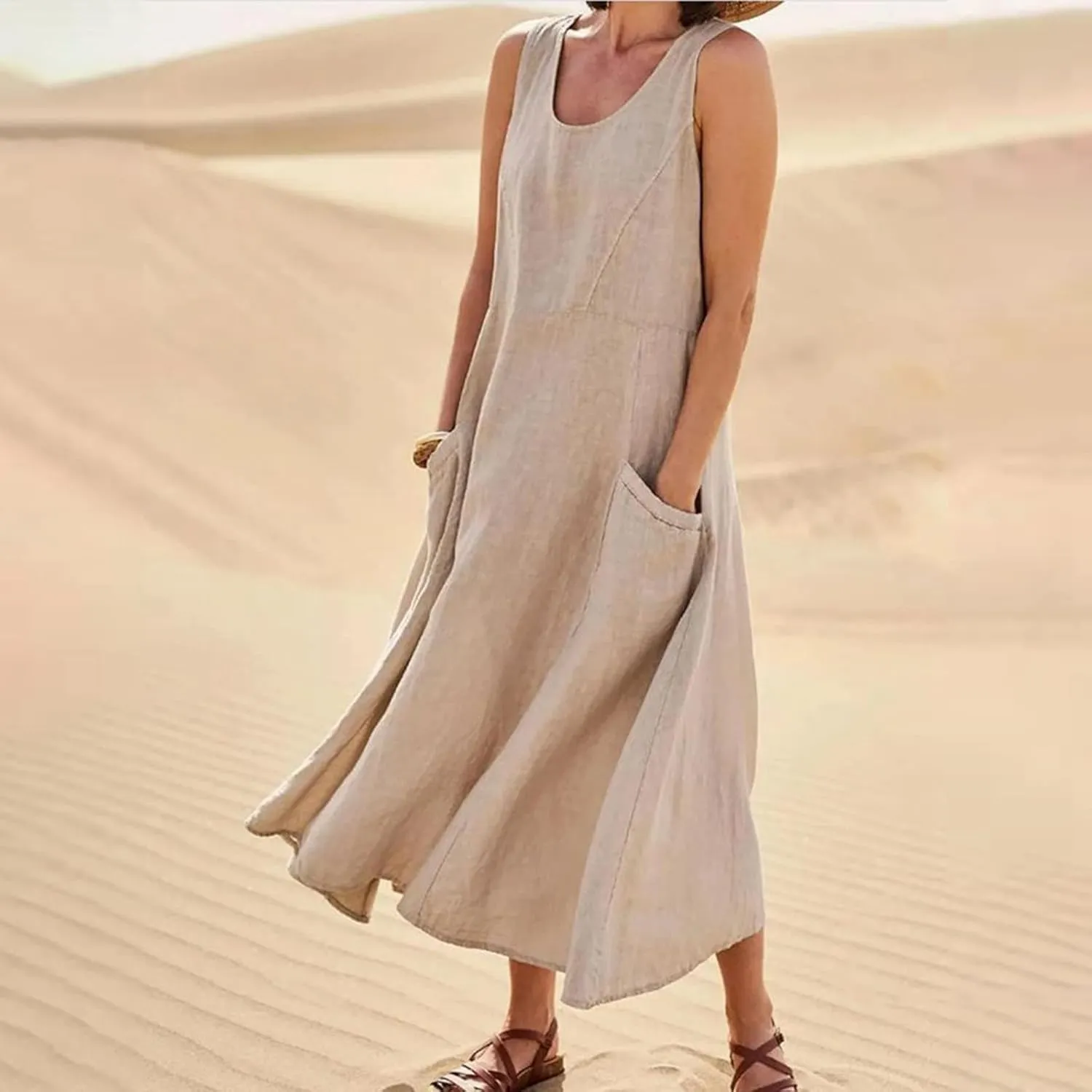 Plus Size Cotton Linen Maxi Summer Dresses for Curvy Women 2025 Sleeveless Vacation Beach Sundresses with Pockets