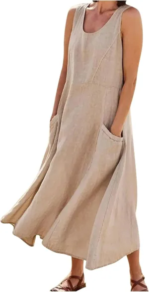 Plus Size Cotton Linen Maxi Summer Dresses for Curvy Women 2025 Sleeveless Vacation Beach Sundresses with Pockets