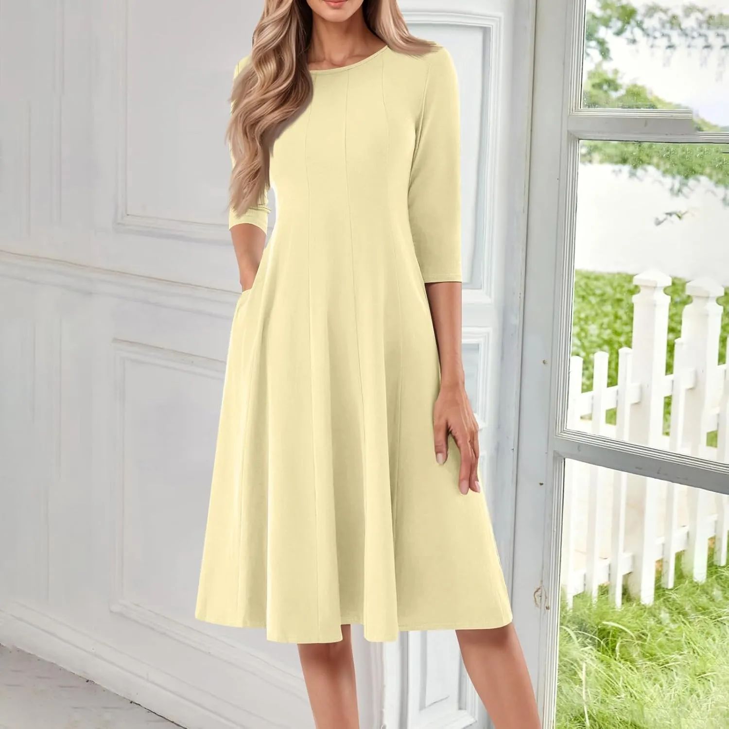 Plus Size Dresses for Curvy Women Casual Loose Trendy Crew Neck 3/4 Sleeve Solid Midi Dress Plus Size, S-3XL