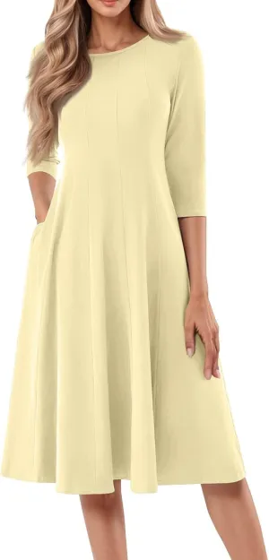 Plus Size Dresses for Curvy Women Casual Loose Trendy Crew Neck 3/4 Sleeve Solid Midi Dress Plus Size, S-3XL