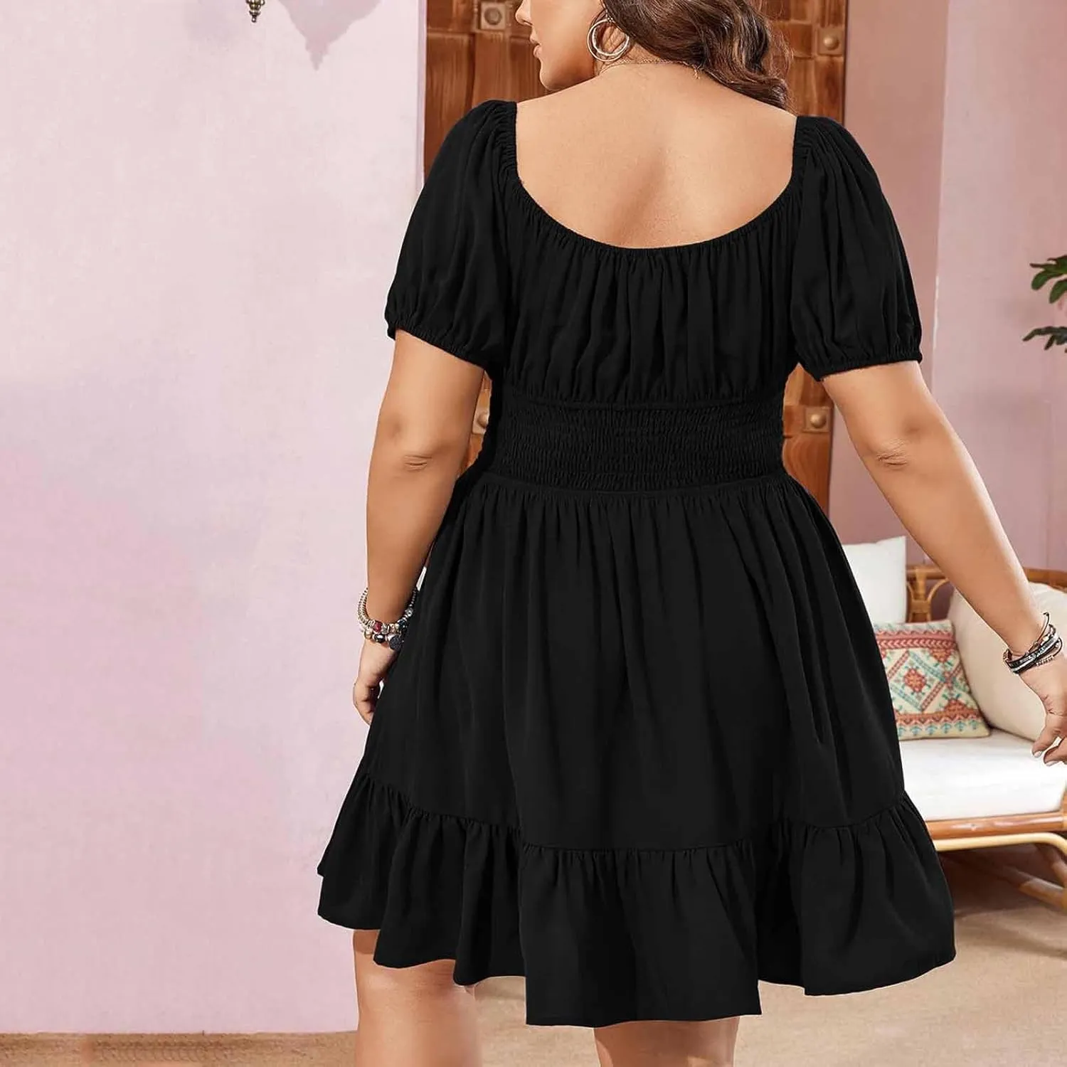 Plus Size Dresses for Women Summer Cute Puff Short Sleeve Square Neck Smocked Waist Pleated Ruffle Hem Short Mini Dress
