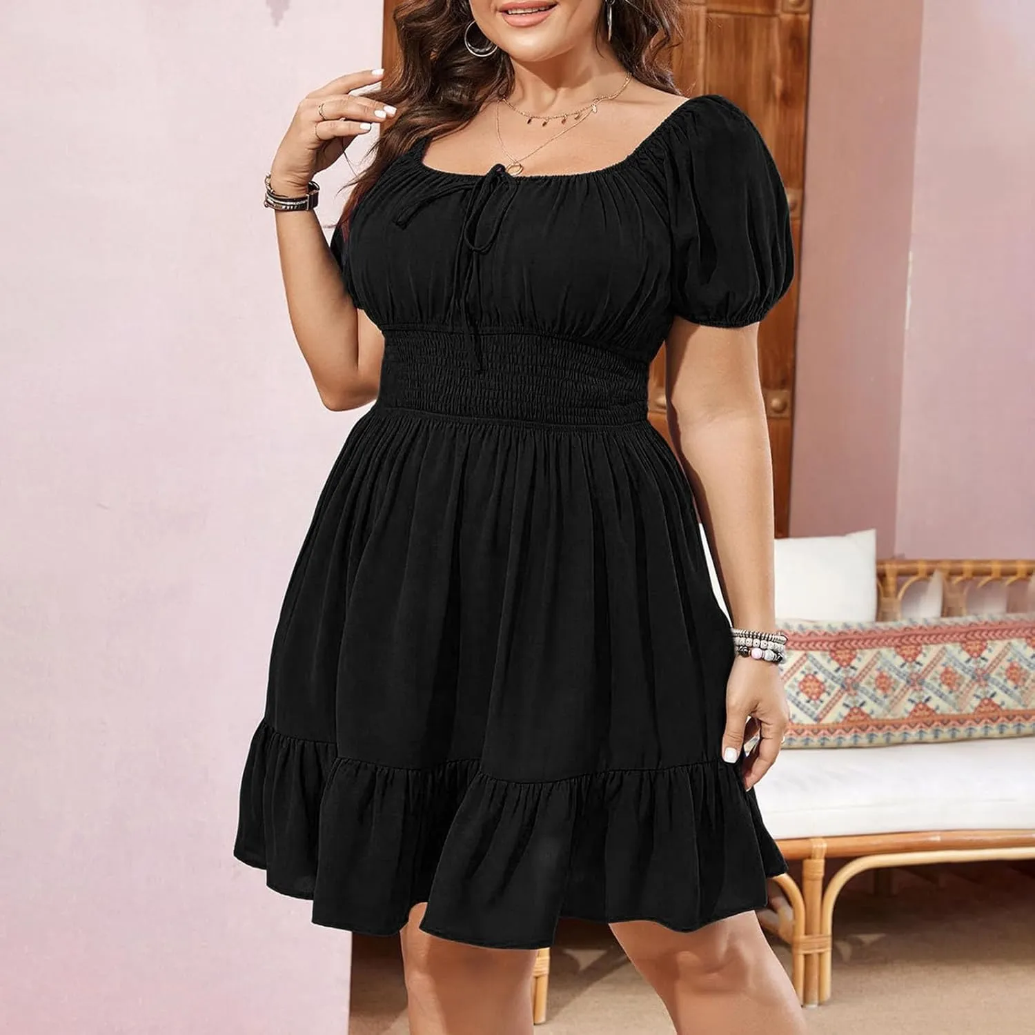 Plus Size Dresses for Women Summer Cute Puff Short Sleeve Square Neck Smocked Waist Pleated Ruffle Hem Short Mini Dress