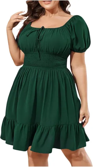 Plus Size Dresses for Women Summer Cute Puff Short Sleeve Square Neck Smocked Waist Pleated Ruffle Hem Short Mini Dress