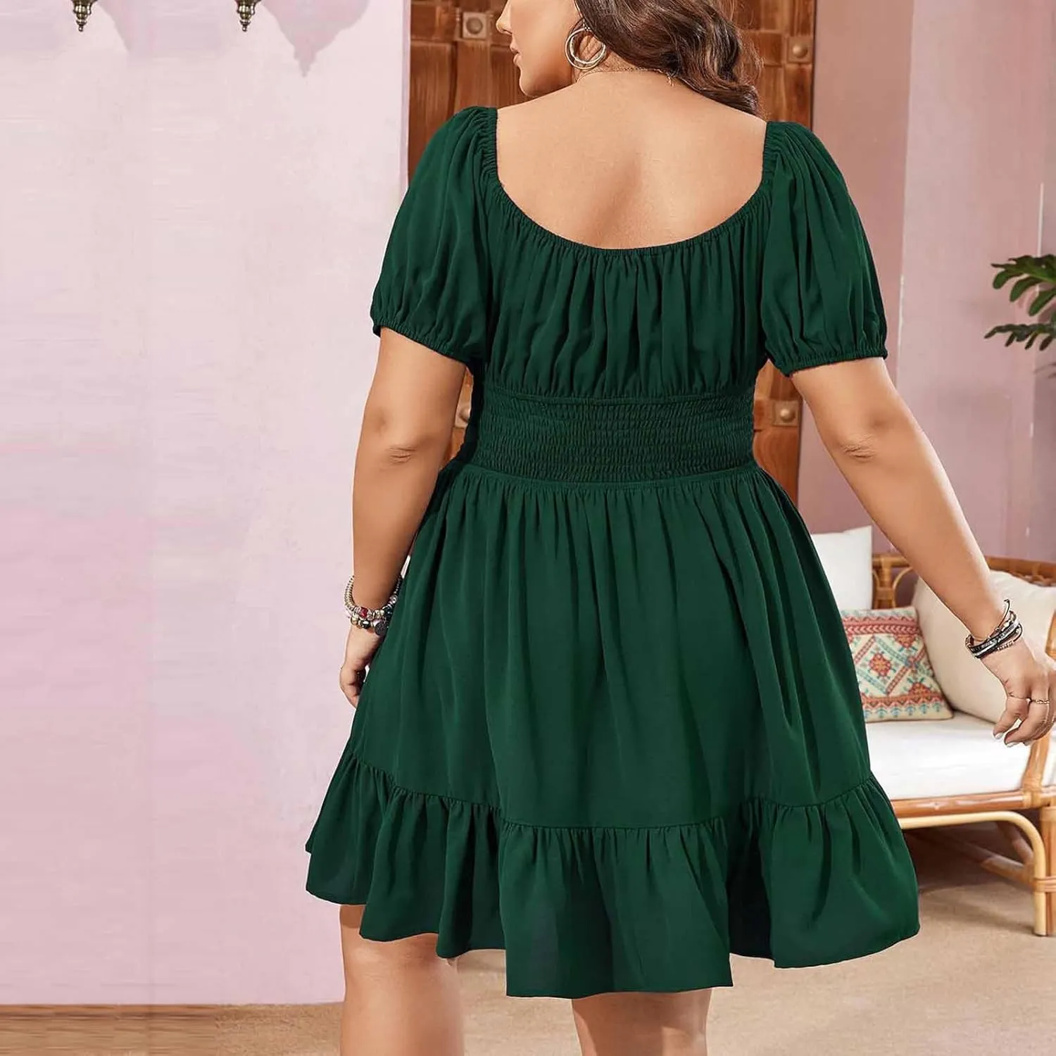 Plus Size Dresses for Women Summer Cute Puff Short Sleeve Square Neck Smocked Waist Pleated Ruffle Hem Short Mini Dress