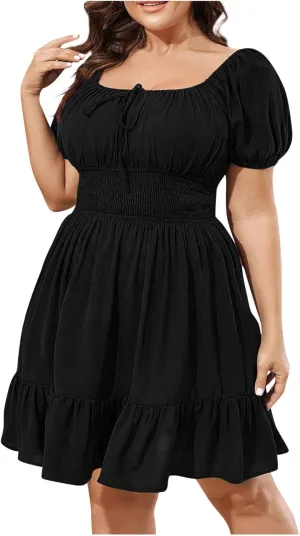 Plus Size Dresses for Women Summer Cute Puff Short Sleeve Square Neck Smocked Waist Pleated Ruffle Hem Short Mini Dress