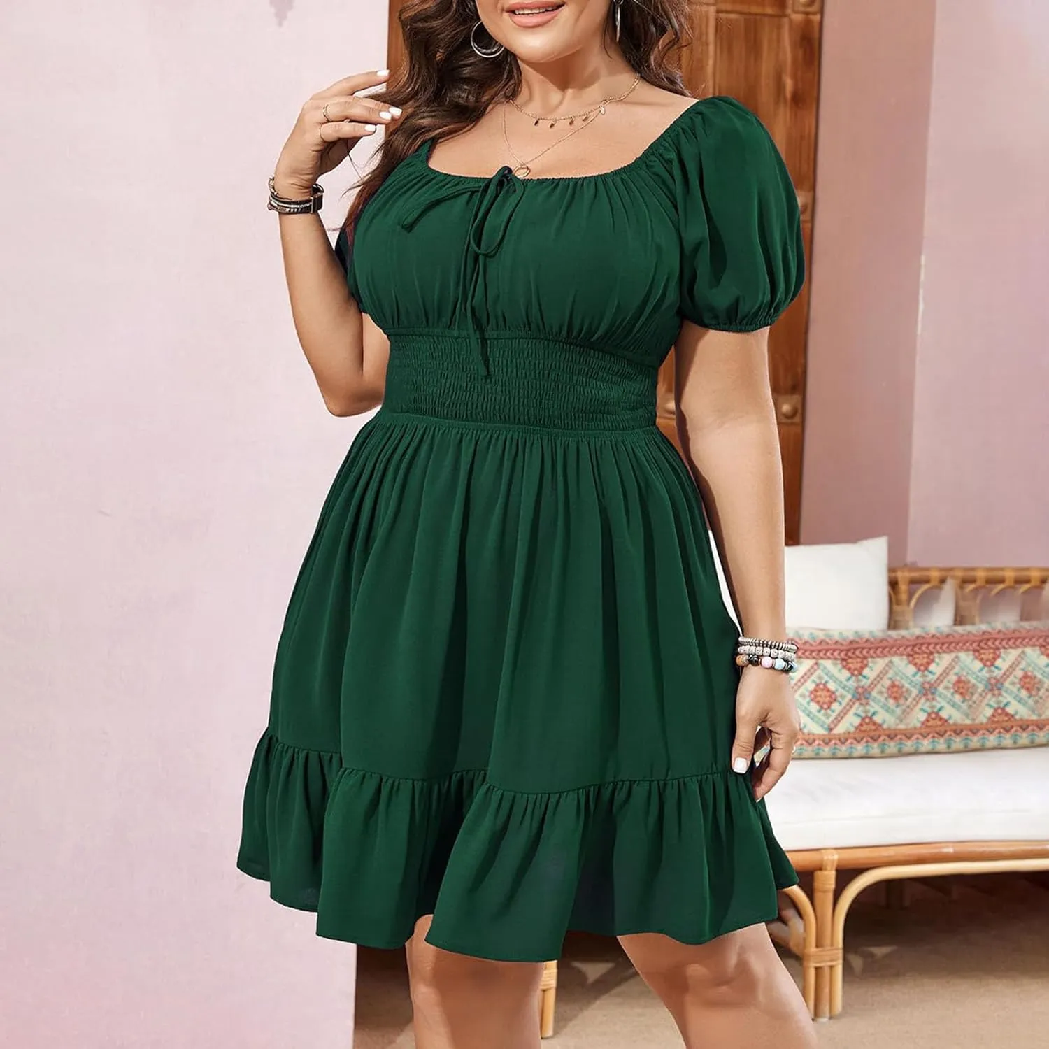 Plus Size Dresses for Women Summer Cute Puff Short Sleeve Square Neck Smocked Waist Pleated Ruffle Hem Short Mini Dress