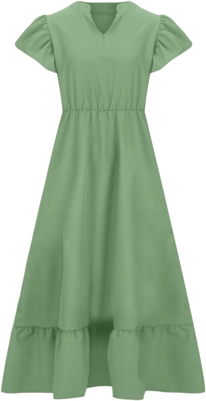 Plus Size Ruffle Dresses for Curvy Women Summer Beach Vacation Casual Short Sleeve V Neck Flowy Midi Dress with Pockets