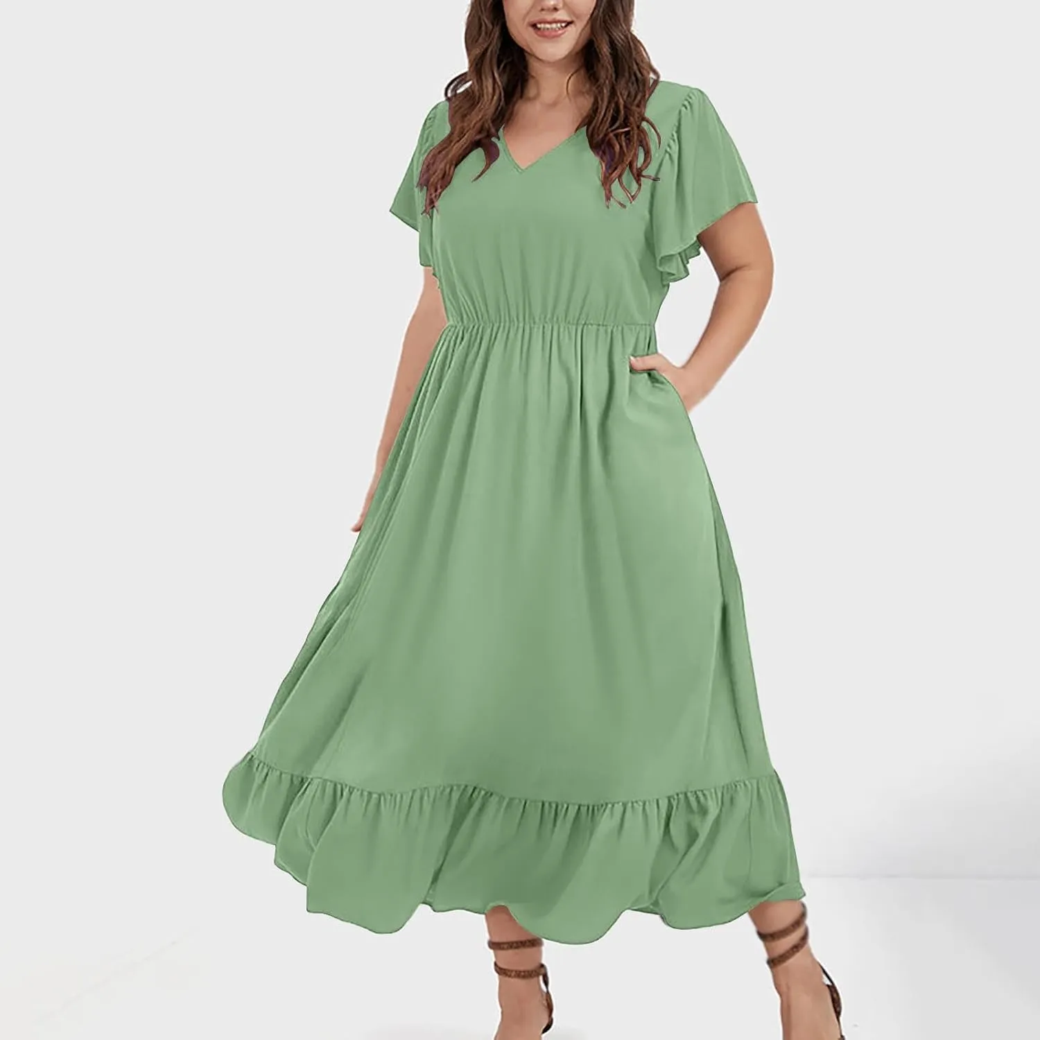 Plus Size Ruffle Dresses for Curvy Women Summer Beach Vacation Casual Short Sleeve V Neck Flowy Midi Dress with Pockets