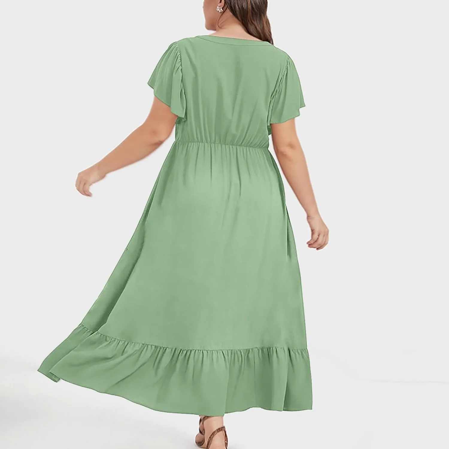 Plus Size Ruffle Dresses for Curvy Women Summer Beach Vacation Casual Short Sleeve V Neck Flowy Midi Dress with Pockets