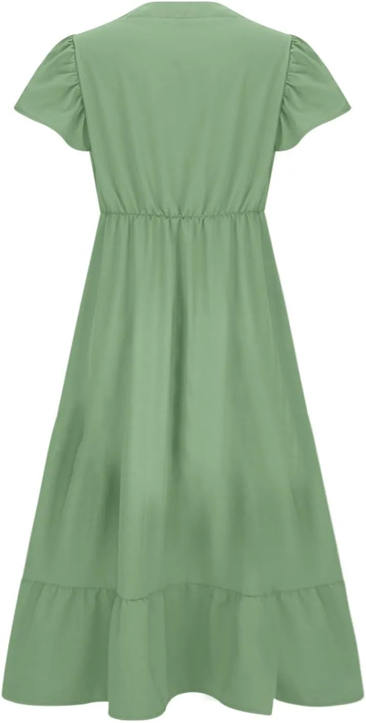 Plus Size Ruffle Dresses for Curvy Women Summer Beach Vacation Casual Short Sleeve V Neck Flowy Midi Dress with Pockets