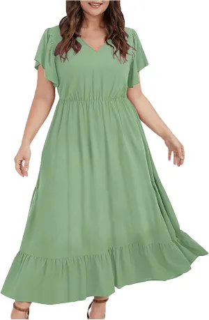 Plus Size Ruffle Dresses for Curvy Women Summer Beach Vacation Casual Short Sleeve V Neck Flowy Midi Dress with Pockets