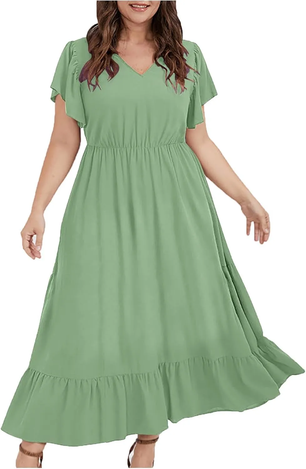 Plus Size Ruffle Dresses for Curvy Women Summer Beach Vacation Casual Short Sleeve V Neck Flowy Midi Dress with Pockets