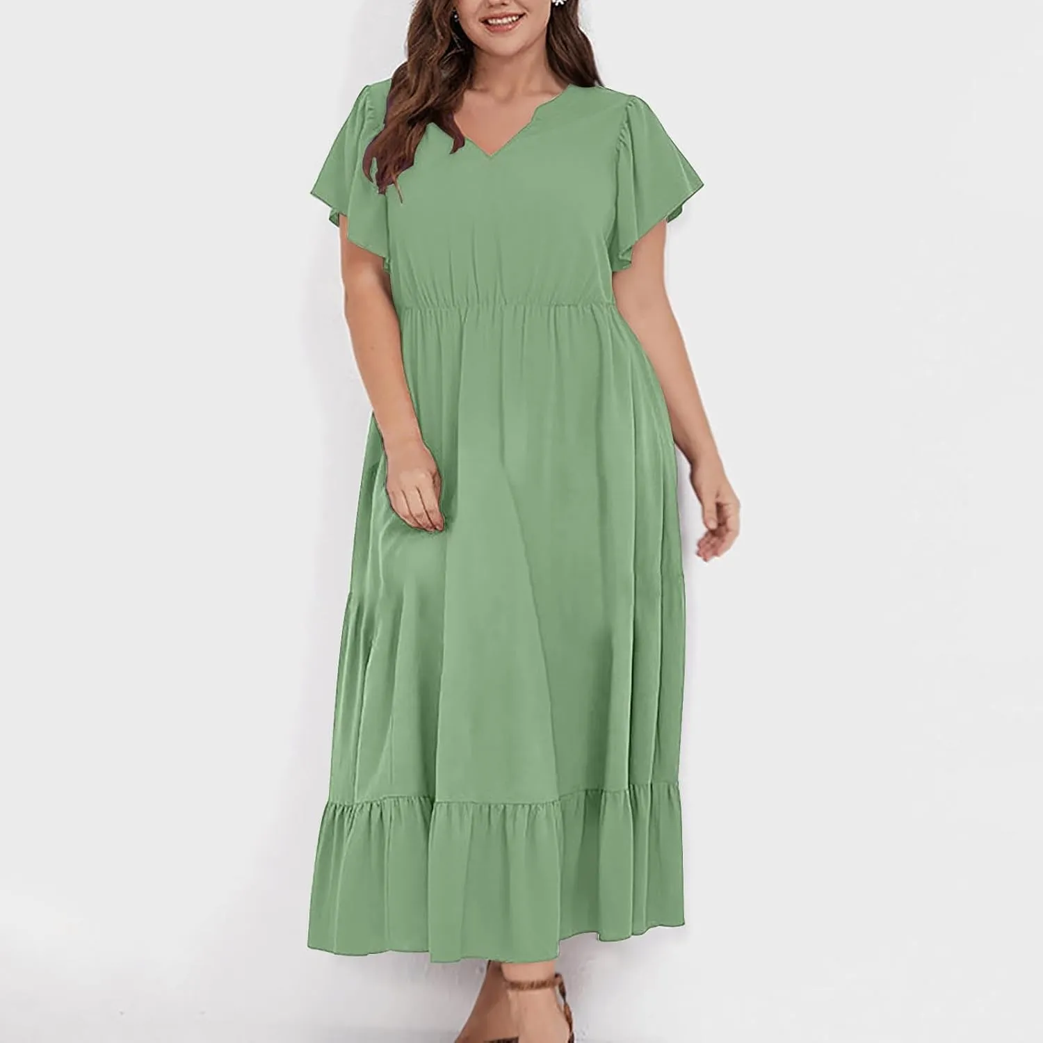 Plus Size Ruffle Dresses for Curvy Women Summer Beach Vacation Casual Short Sleeve V Neck Flowy Midi Dress with Pockets