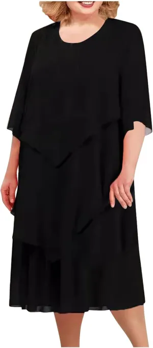 Plus Size Summer Midi Dresses for Women Elbow Length Sleeve Chiffon Overlay Dress Elegant Dressy Wedding Guest Cocktail Dress