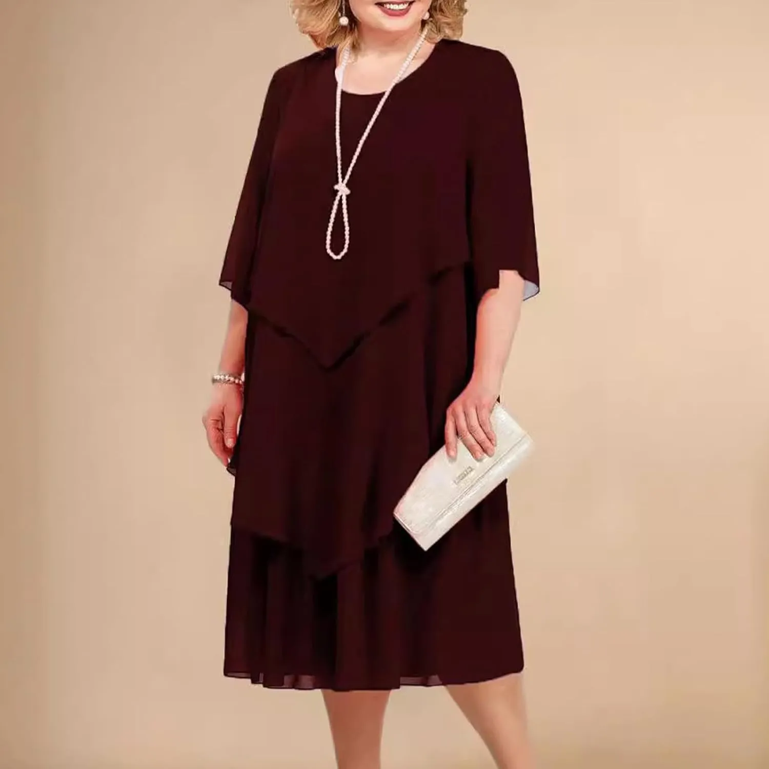 Plus Size Summer Midi Dresses for Women Elbow Length Sleeve Chiffon Overlay Dress Elegant Dressy Wedding Guest Cocktail Dress