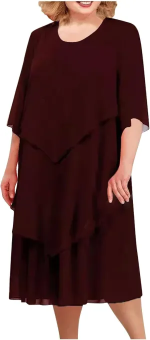 Plus Size Summer Midi Dresses for Women Elbow Length Sleeve Chiffon Overlay Dress Elegant Dressy Wedding Guest Cocktail Dress
