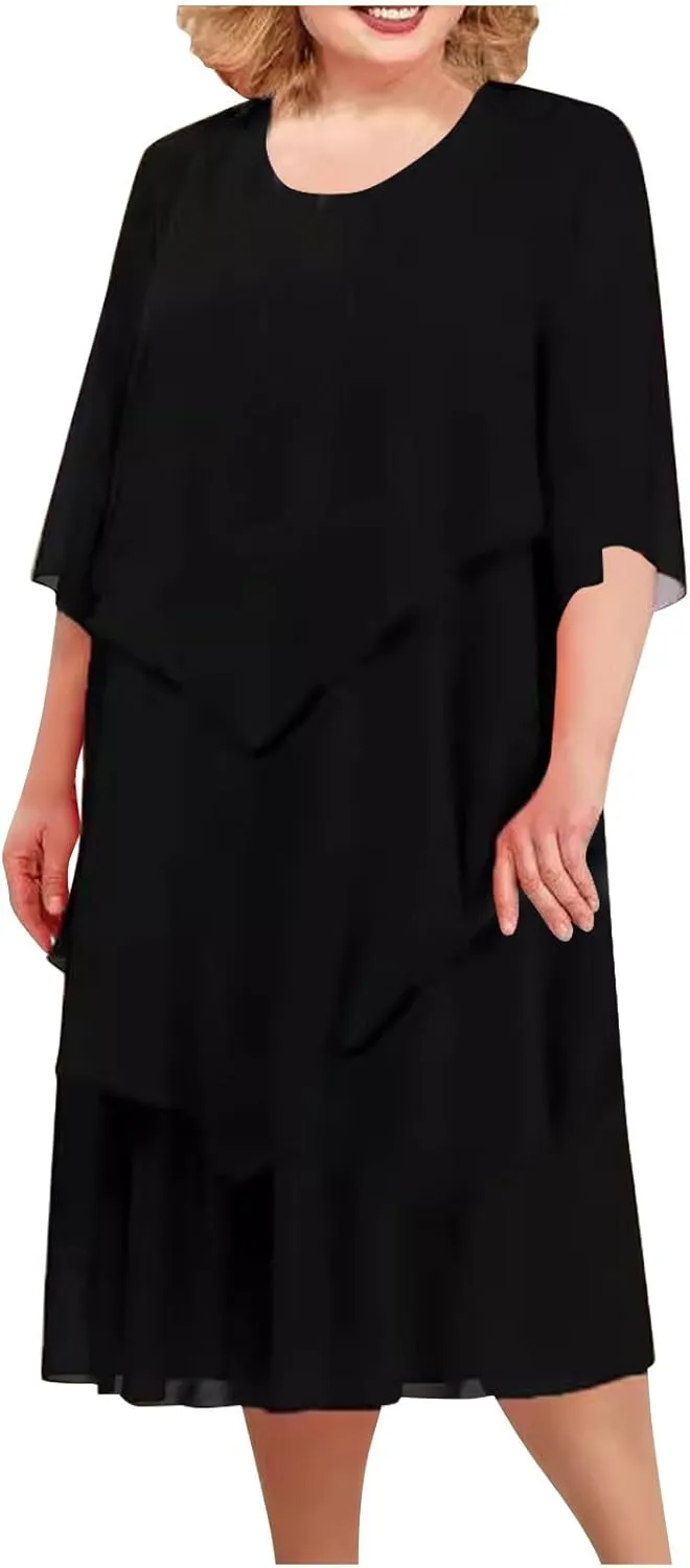 Plus Size Summer Midi Dresses for Women Elbow Length Sleeve Chiffon Overlay Dress Elegant Dressy Wedding Guest Cocktail Dress