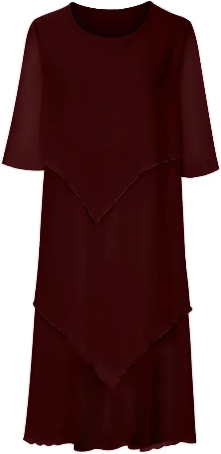 Plus Size Summer Midi Dresses for Women Elbow Length Sleeve Chiffon Overlay Dress Elegant Dressy Wedding Guest Cocktail Dress