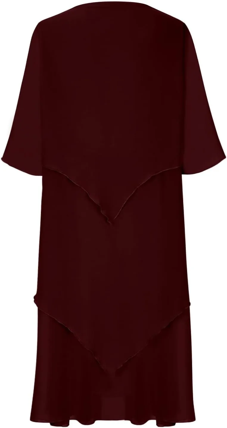 Plus Size Summer Midi Dresses for Women Elbow Length Sleeve Chiffon Overlay Dress Elegant Dressy Wedding Guest Cocktail Dress
