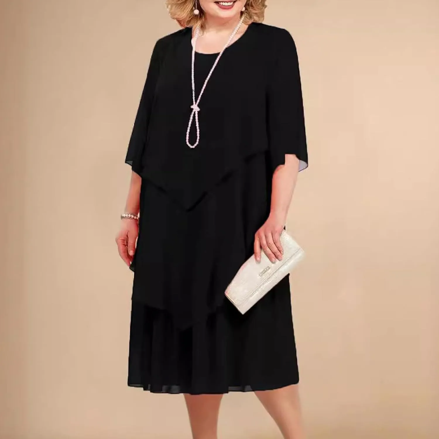 Plus Size Summer Midi Dresses for Women Elbow Length Sleeve Chiffon Overlay Dress Elegant Dressy Wedding Guest Cocktail Dress