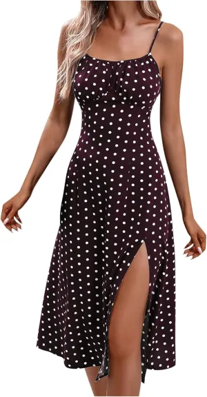 Polka Dot Dress for Women Spaghetti Strap Sleeveless Summer Cocktail Dress Casual Side Split Midi Dresses Beach Sundress
