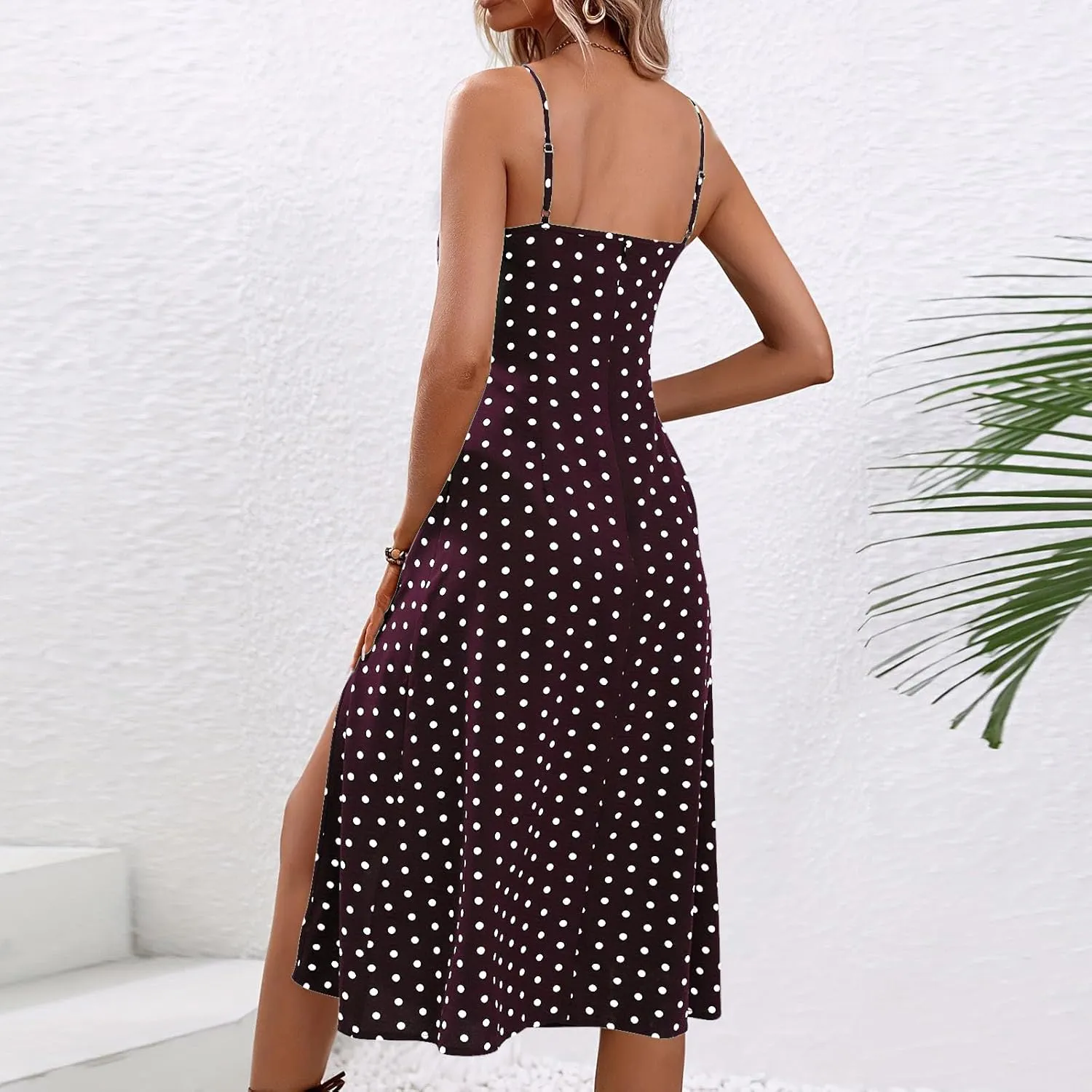 Polka Dot Dress for Women Spaghetti Strap Sleeveless Summer Cocktail Dress Casual Side Split Midi Dresses Beach Sundress