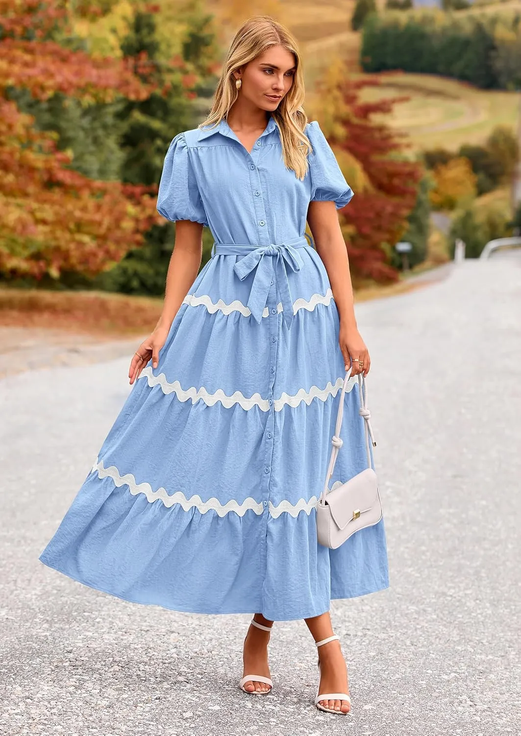 PRETTYGARDEN Women's Summer Maxi Dress Button Down Puff Short Sleeve Ruffle Casual Elegant Long Flowy Shirt Dresses with Belt