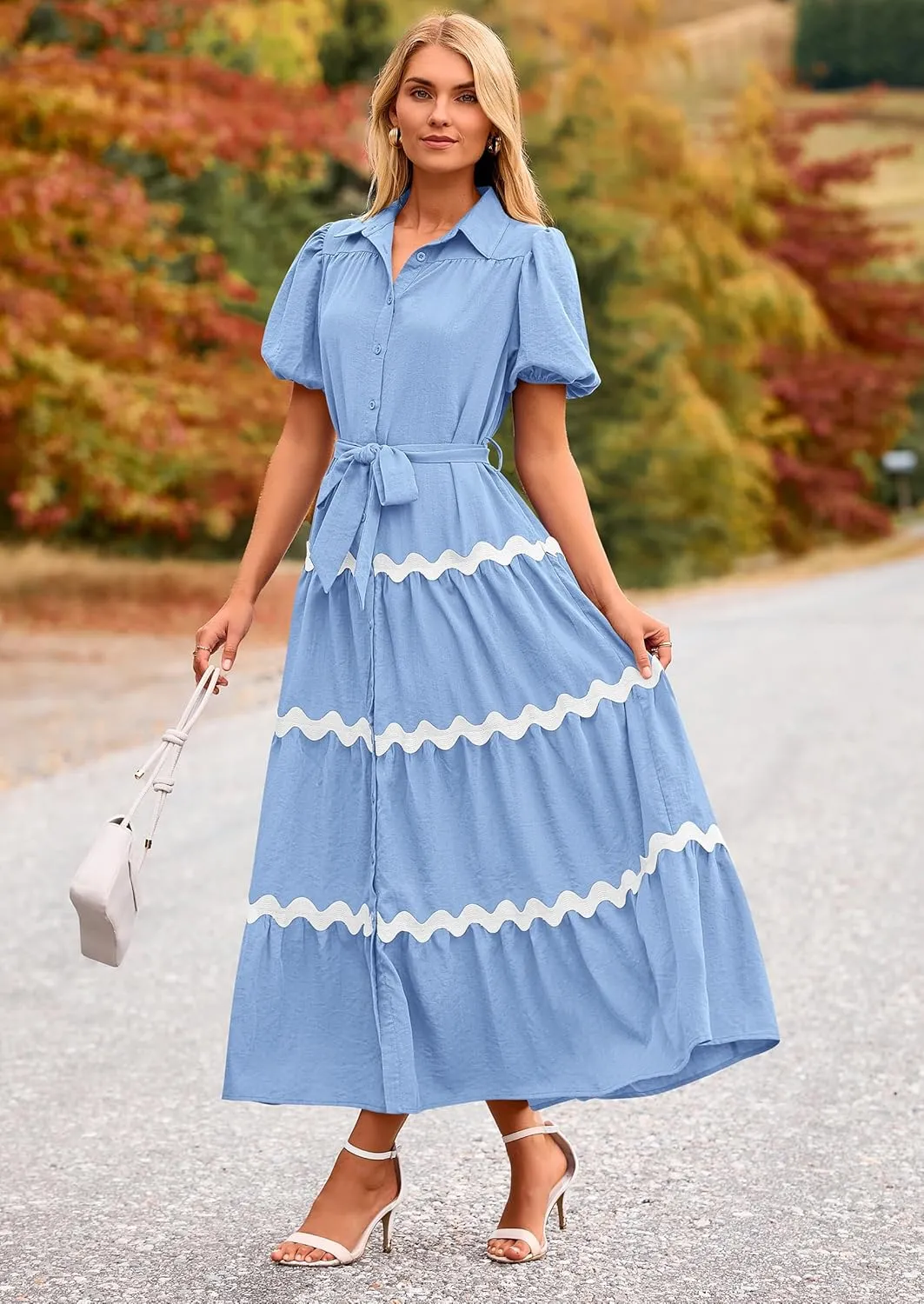 PRETTYGARDEN Women's Summer Maxi Dress Button Down Puff Short Sleeve Ruffle Casual Elegant Long Flowy Shirt Dresses with Belt