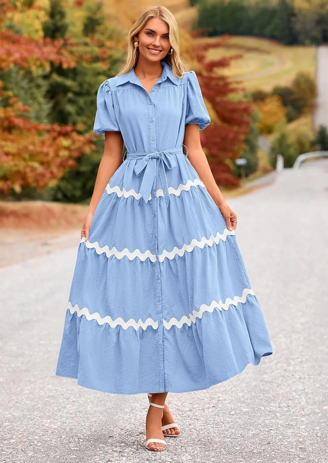 PRETTYGARDEN Women's Summer Maxi Dress Button Down Puff Short Sleeve Ruffle Casual Elegant Long Flowy Shirt Dresses with Belt