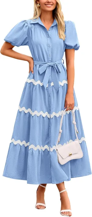 PRETTYGARDEN Women's Summer Maxi Dress Button Down Puff Short Sleeve Ruffle Casual Elegant Long Flowy Shirt Dresses with Belt