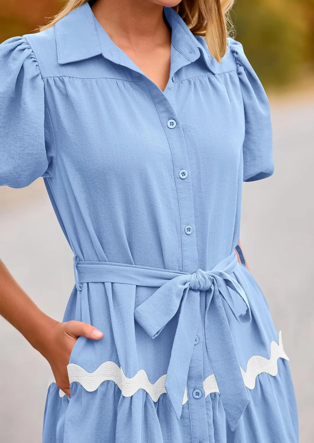 PRETTYGARDEN Women's Summer Maxi Dress Button Down Puff Short Sleeve Ruffle Casual Elegant Long Flowy Shirt Dresses with Belt