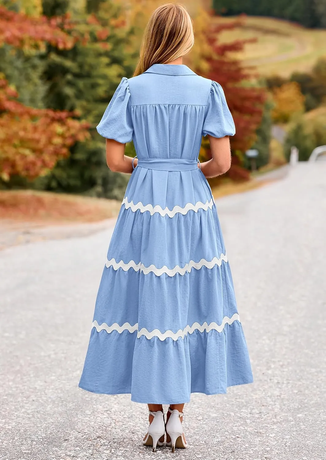 PRETTYGARDEN Women's Summer Maxi Dress Button Down Puff Short Sleeve Ruffle Casual Elegant Long Flowy Shirt Dresses with Belt