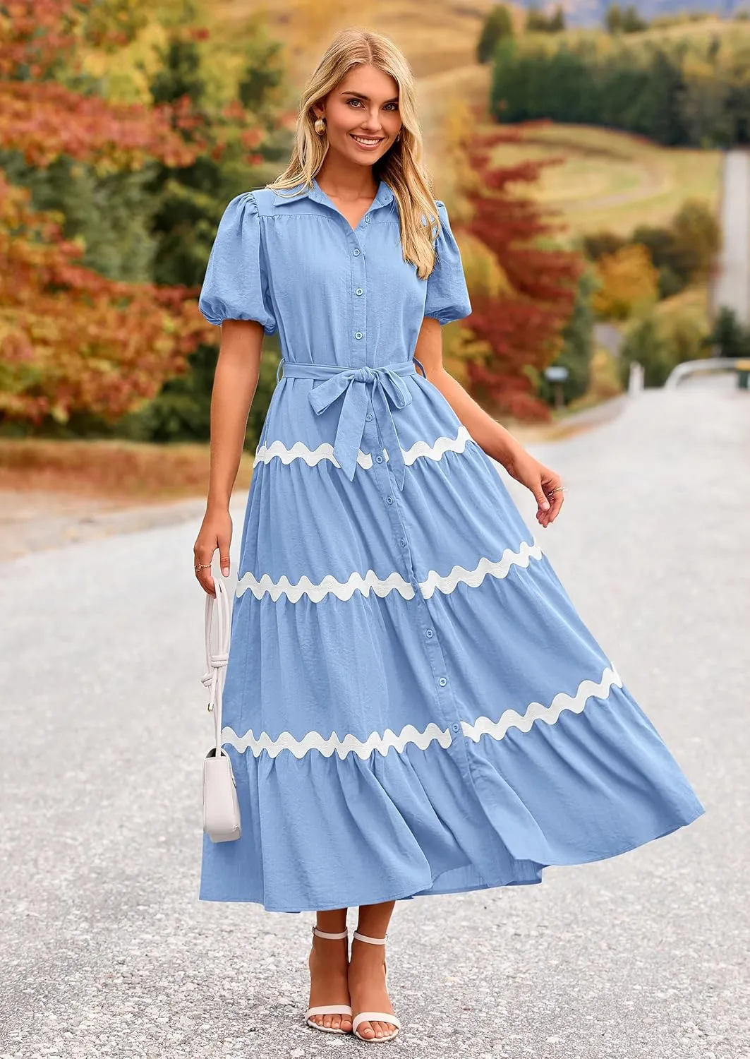 PRETTYGARDEN Women's Summer Maxi Dress Button Down Puff Short Sleeve Ruffle Casual Elegant Long Flowy Shirt Dresses with Belt