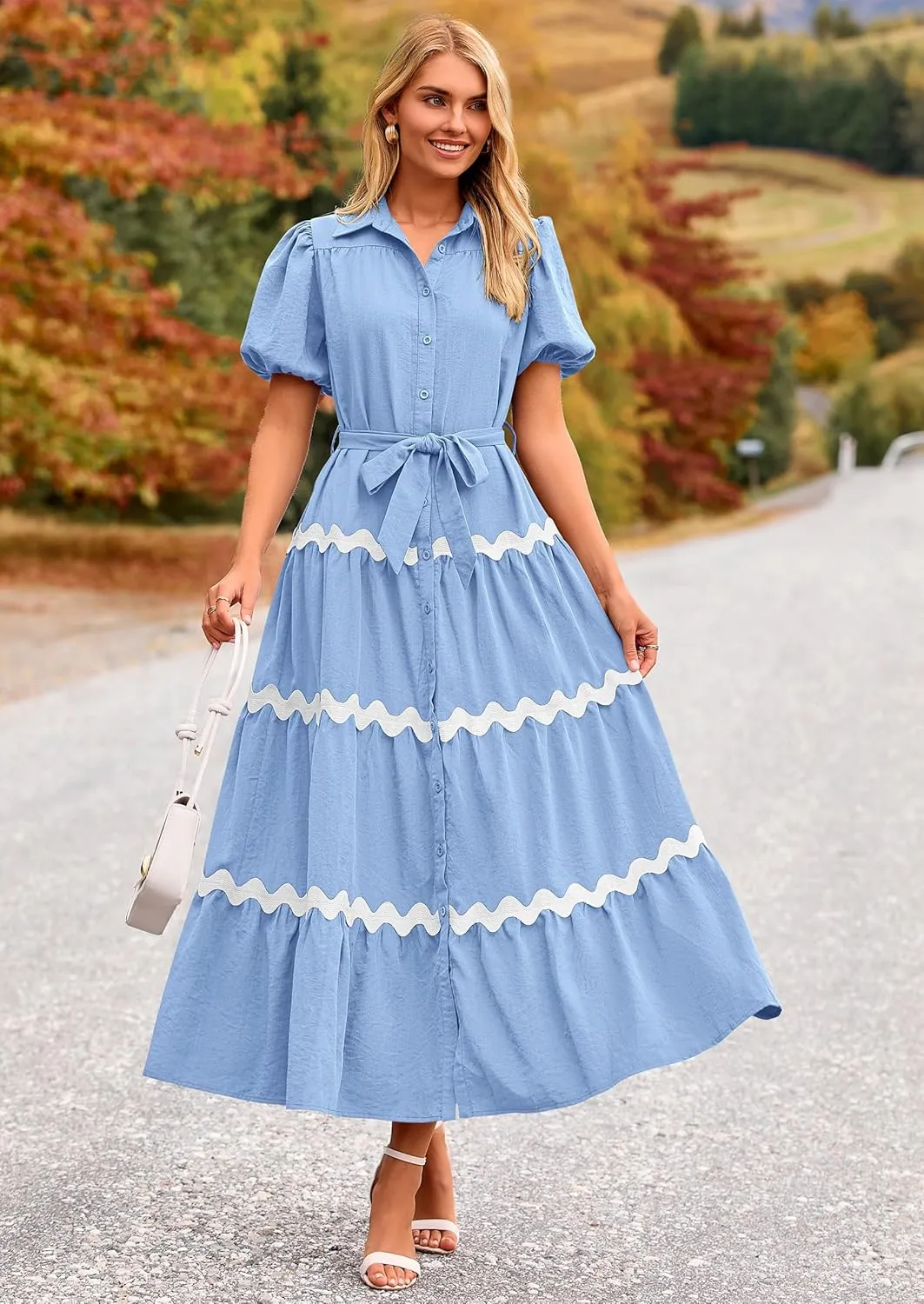 PRETTYGARDEN Women's Summer Maxi Dress Button Down Puff Short Sleeve Ruffle Casual Elegant Long Flowy Shirt Dresses with Belt