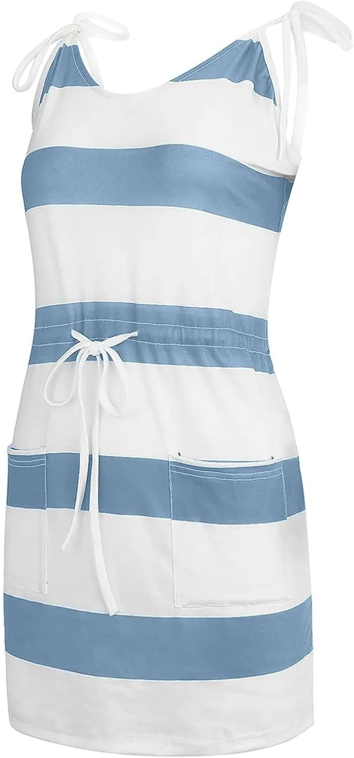 Qeaghou Summer Dresses for Women 2024 Casual Loose Sling V Neck Mini Dress Trendy Striped Drawstring Sundresses with Pockets