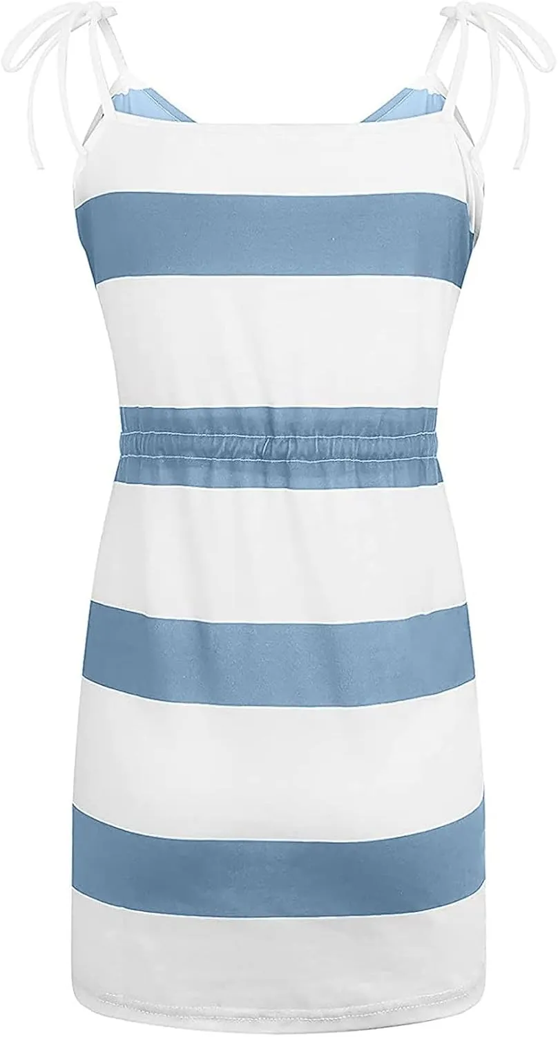 Qeaghou Summer Dresses for Women 2024 Casual Loose Sling V Neck Mini Dress Trendy Striped Drawstring Sundresses with Pockets
