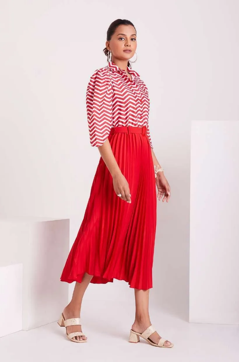 Red and White Pleated Western Wear Stylish Dress For Women
